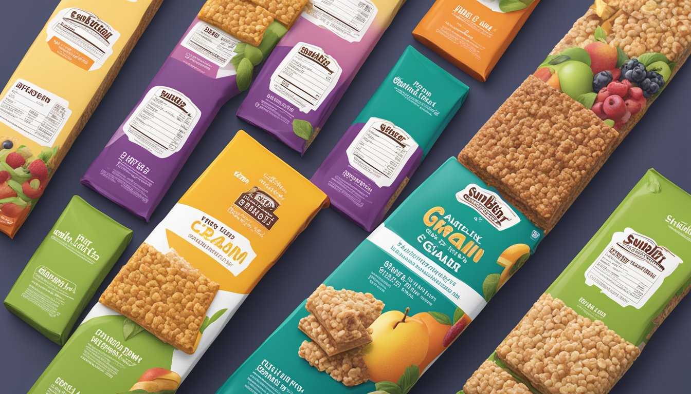 A variety of Sunbelt Bakery Fruit & Grain Cereal Bars laid out with their nutritional facts displayed prominently on the packaging