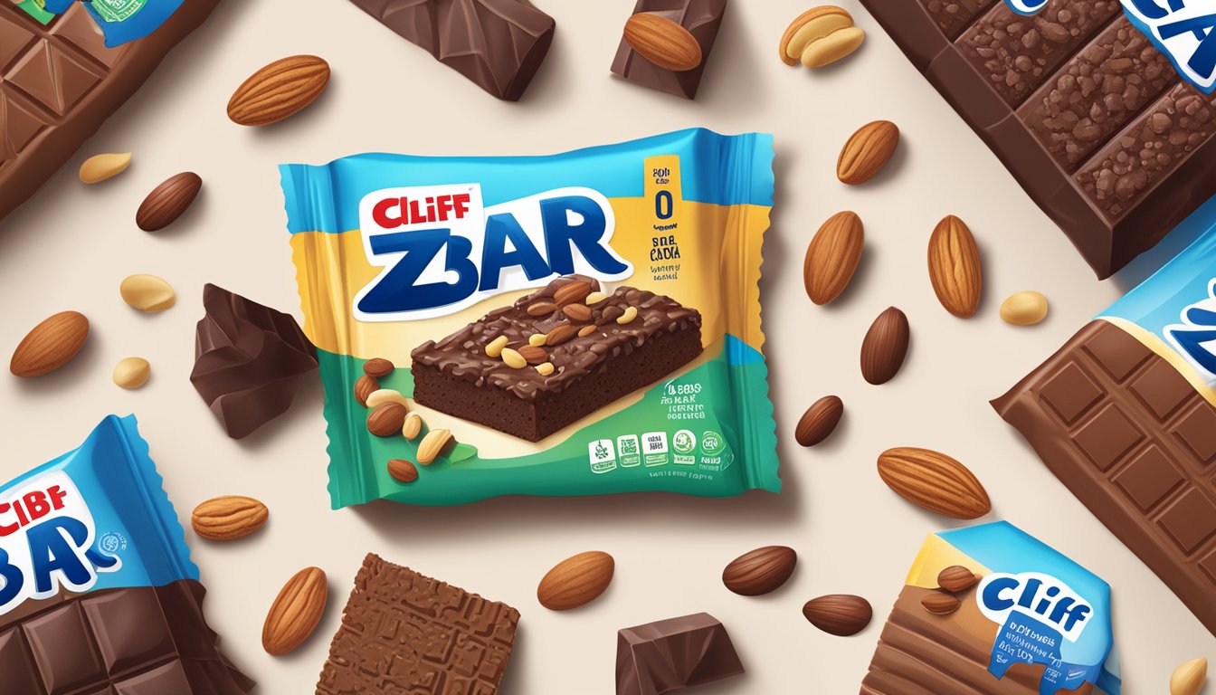 A colorful illustration of a Clif Kid ZBar Chocolate Brownie surrounded by fresh, wholesome ingredients like oats, cocoa, and nuts