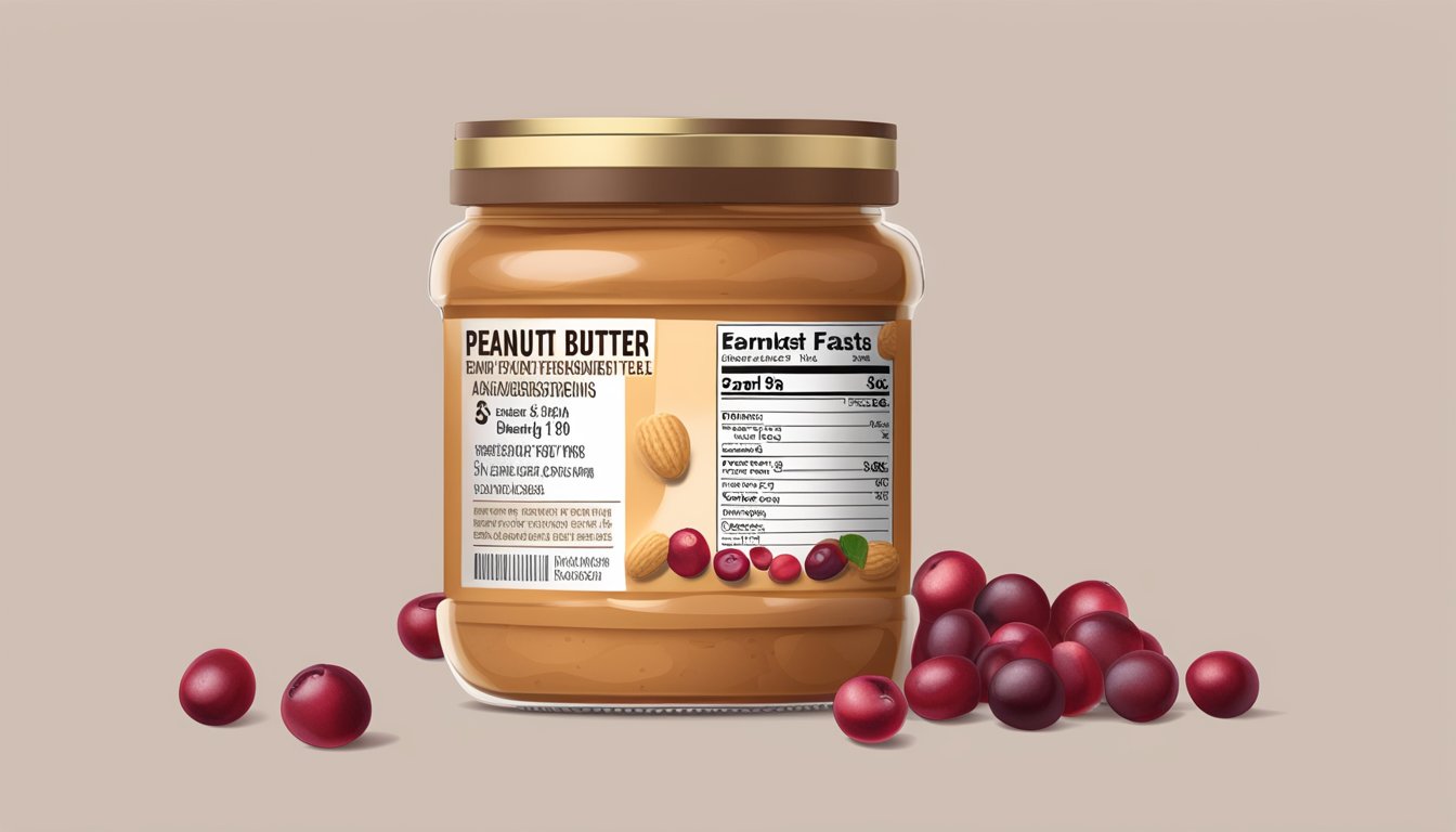 A jar of peanut butter surrounded by scattered cranberries and a nutrition label