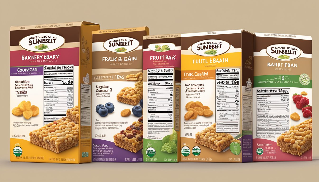 A variety pack of Sunbelt Bakery Fruit & Grain Cereal Bars with nutritional facts and consumption and storage guidelines displayed on the packaging