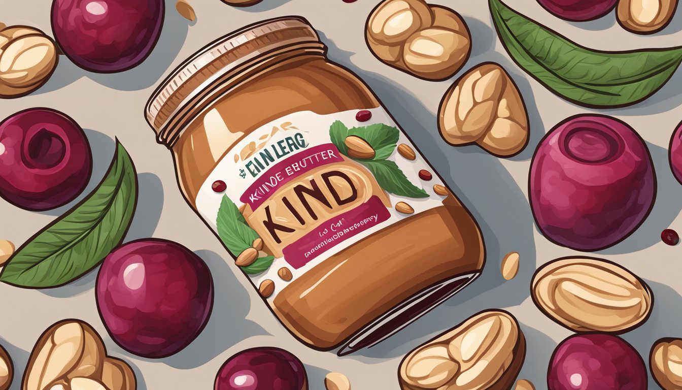 A jar of Kind Energy Peanut Butter & Cranberry surrounded by fresh cranberries and peanuts on a wooden cutting board