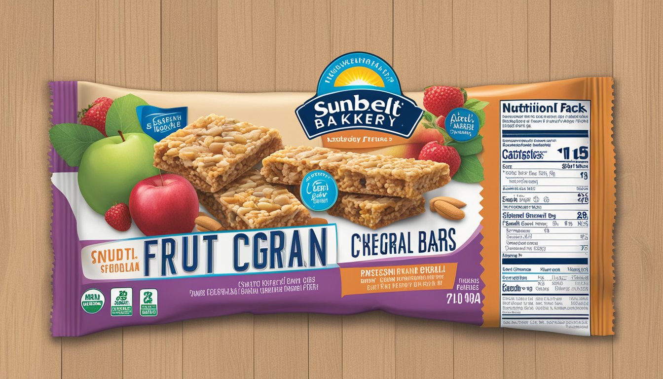 A variety pack of Sunbelt Bakery Fruit & Grain Cereal Bars with nutritional facts displayed on the packaging