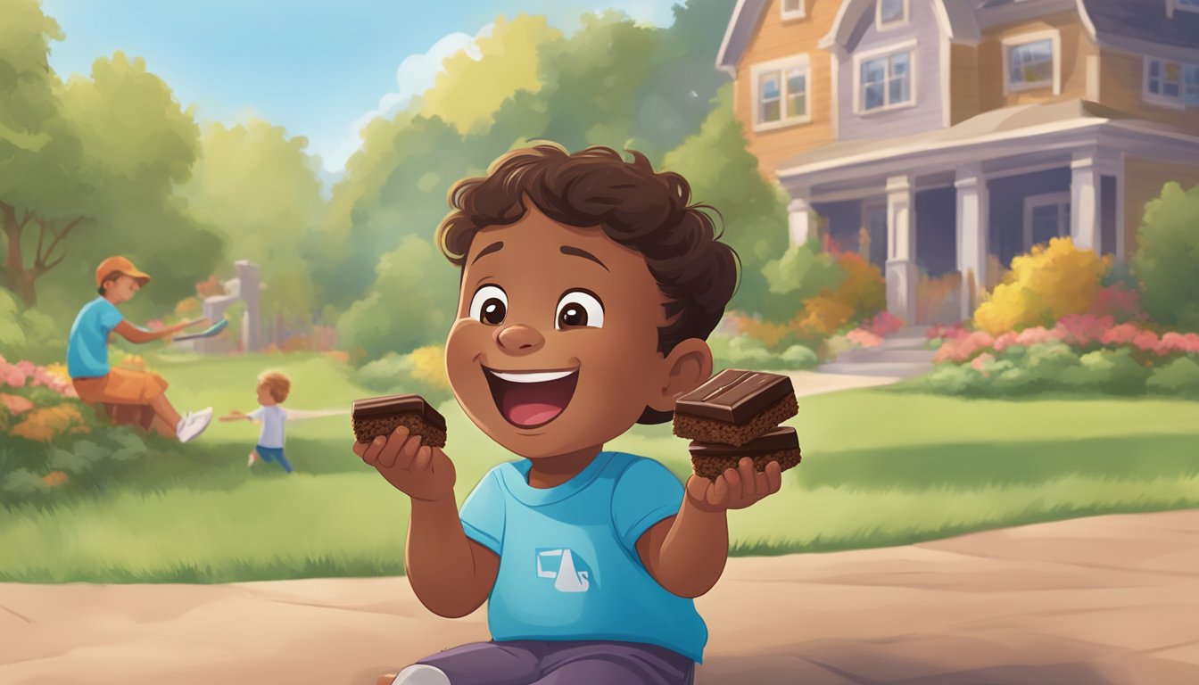 A child happily munching on a Clif Kid ZBar Chocolate Brownie while playing outdoors