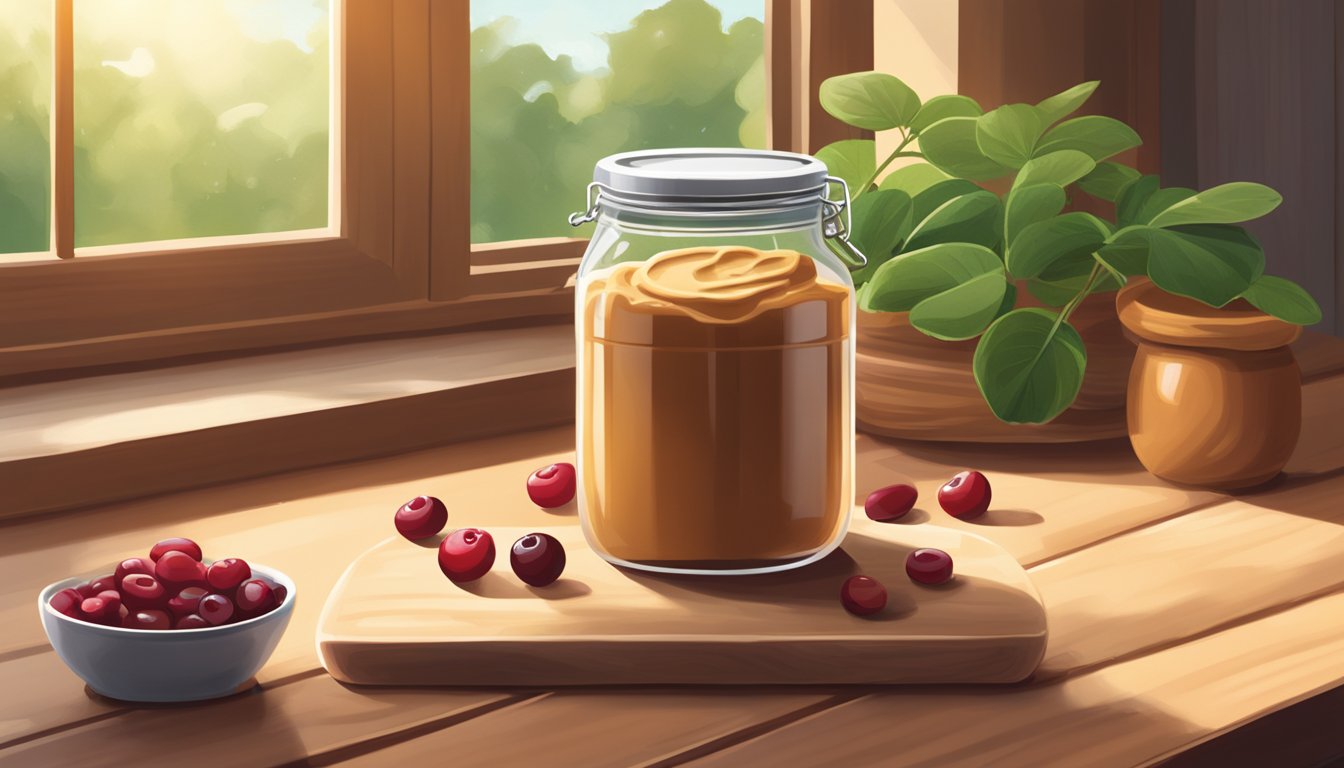 A jar of peanut butter and a bowl of cranberries sit on a wooden table, surrounded by fresh greenery. The sunlight streams in through a window, casting a warm glow over the scene