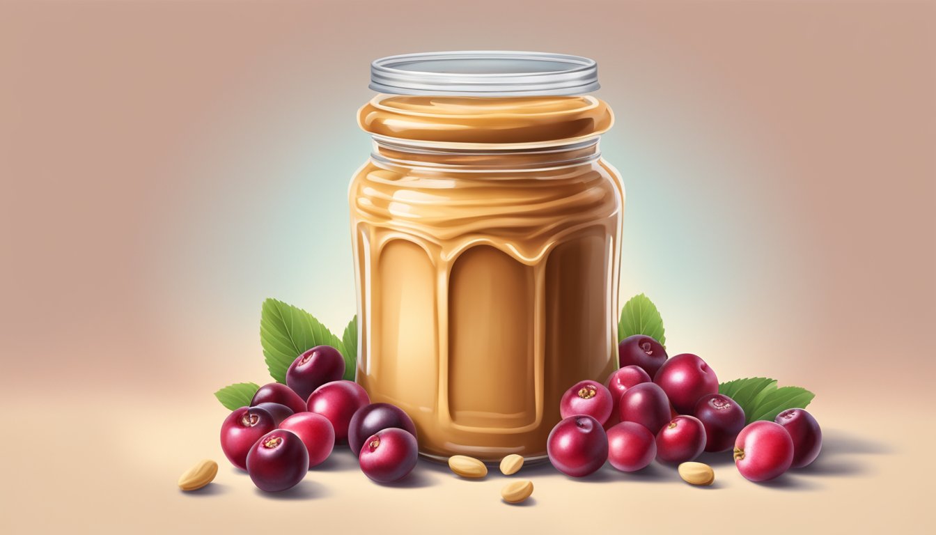 A jar of peanut butter surrounded by fresh cranberries and a burst of energy emanating from it