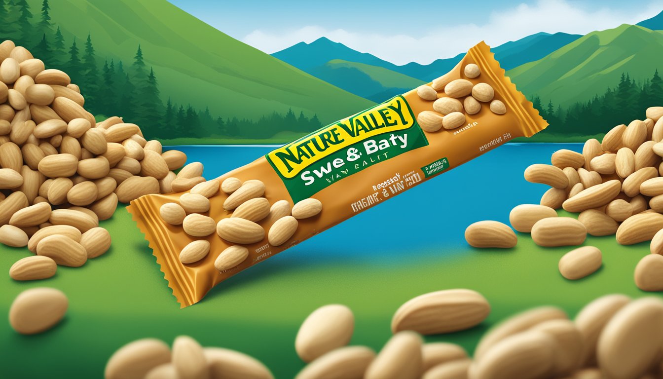 A Nature Valley Sweet & Salty Nut Peanut bar surrounded by scattered peanuts and a backdrop of natural scenery