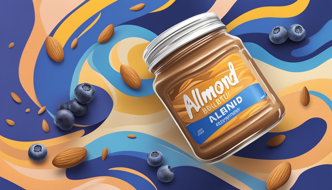 A jar of almond butter surrounded by fresh blueberries and a burst of energy in the form of vibrant, swirling lines