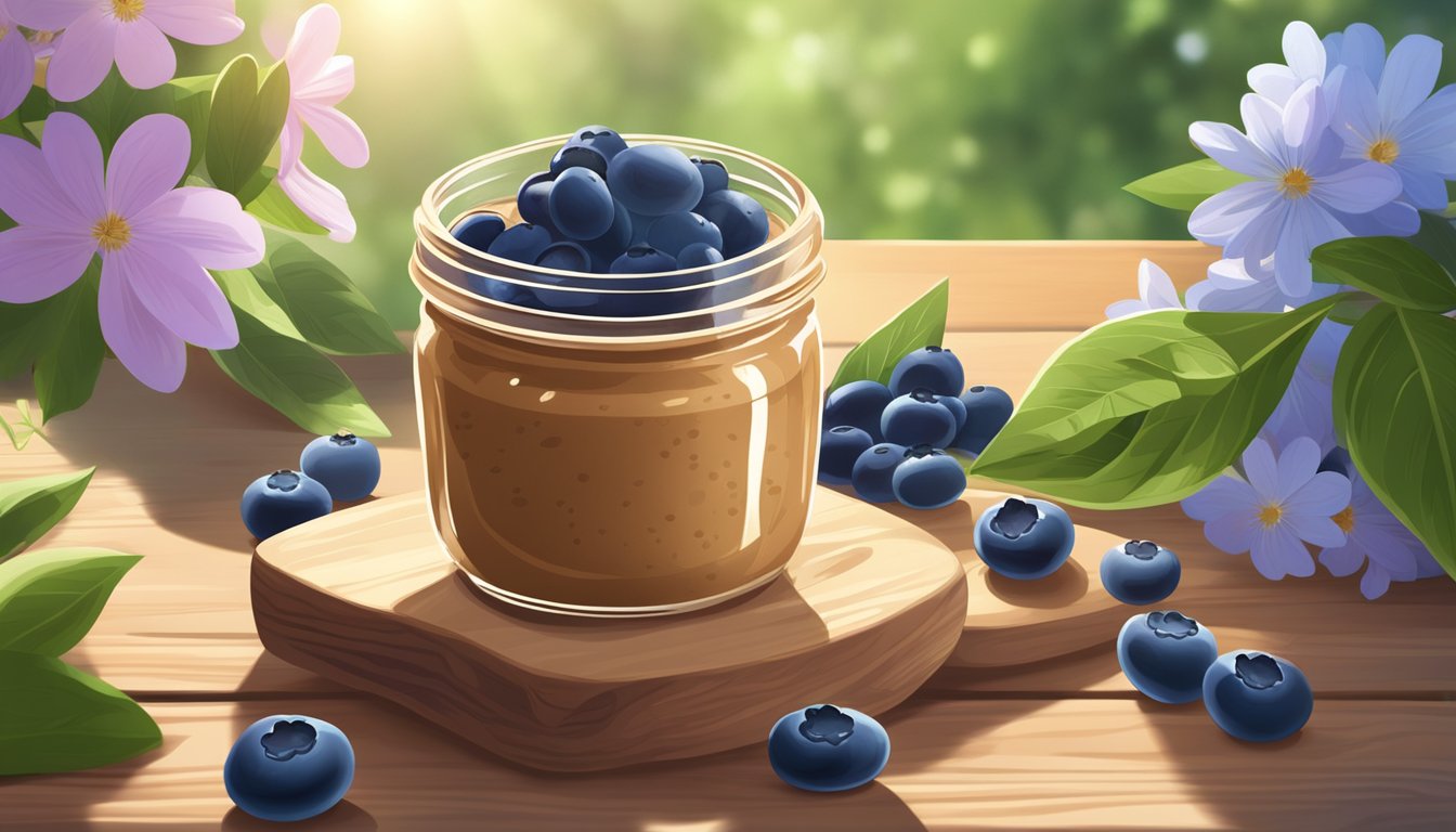 A jar of almond butter and a bowl of fresh blueberries on a wooden table, surrounded by leaves and flowers, with a gentle beam of sunlight shining down