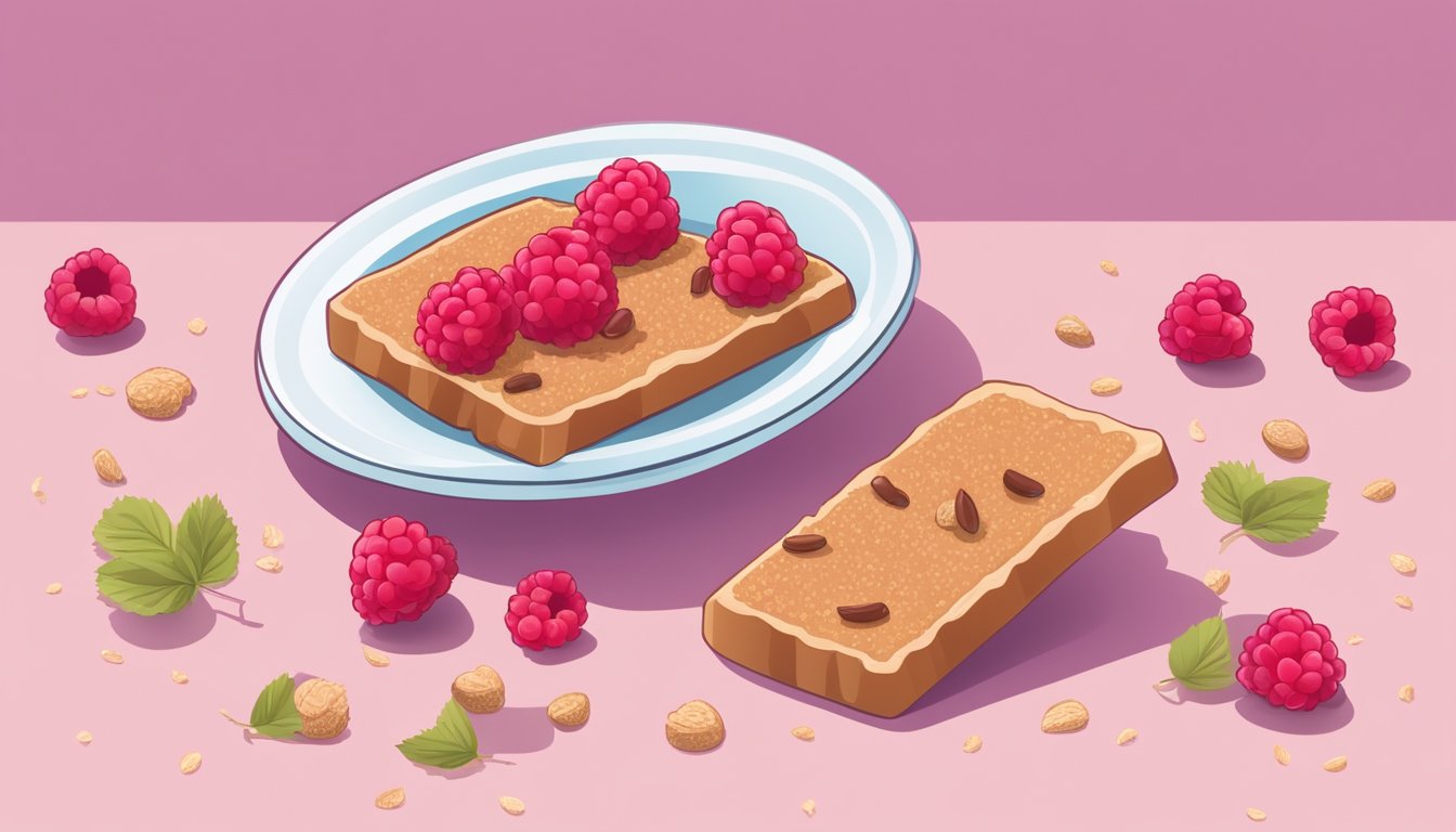 A plate with a whole wheat raspberry fig bar, surrounded by scattered raspberries and a small sign displaying the nutritional values