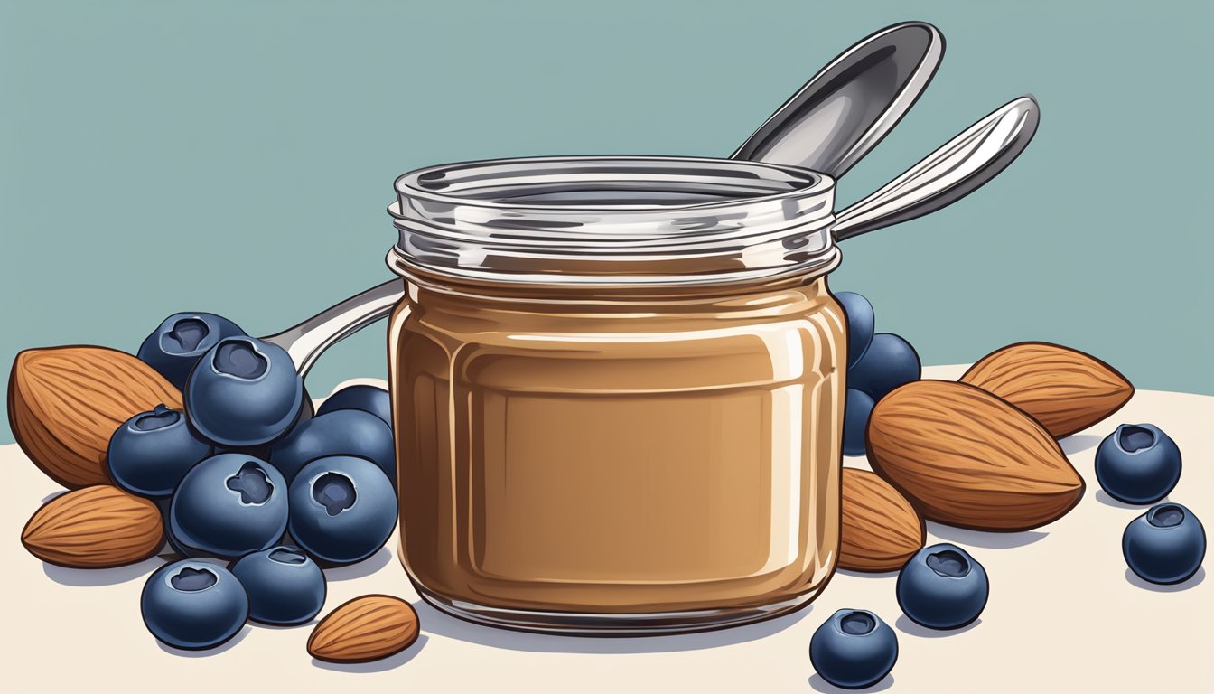 A jar of almond butter surrounded by fresh blueberries and a spoon, with a bright and inviting color palette