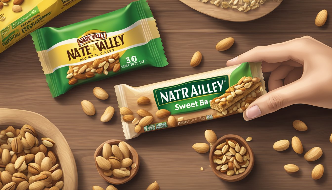 A hand holding a Nature Valley Sweet & Salty Nut Peanut bar with scattered nuts and oats on a wooden surface