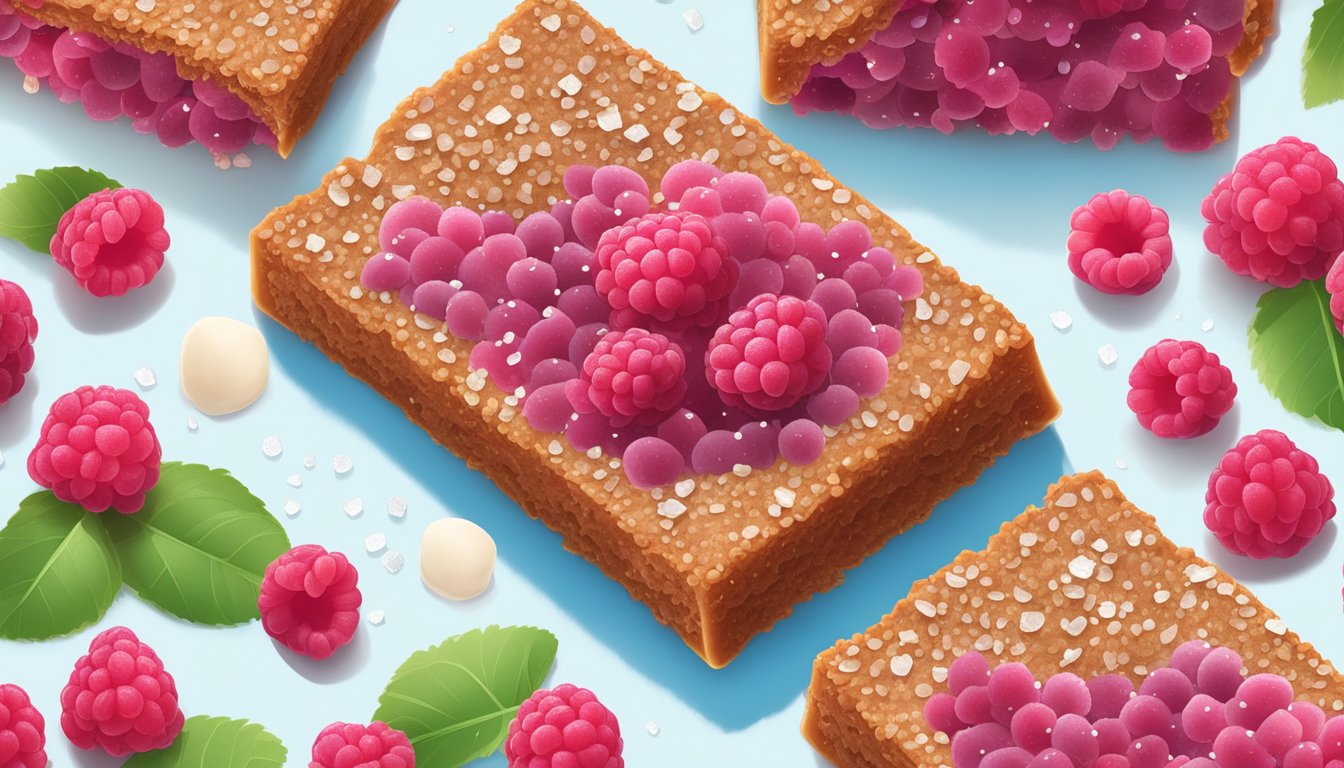 A Nature's Bakery Fig Bar Whole Wheat Raspberry surrounded by fresh raspberries and a scattering of sugar crystals