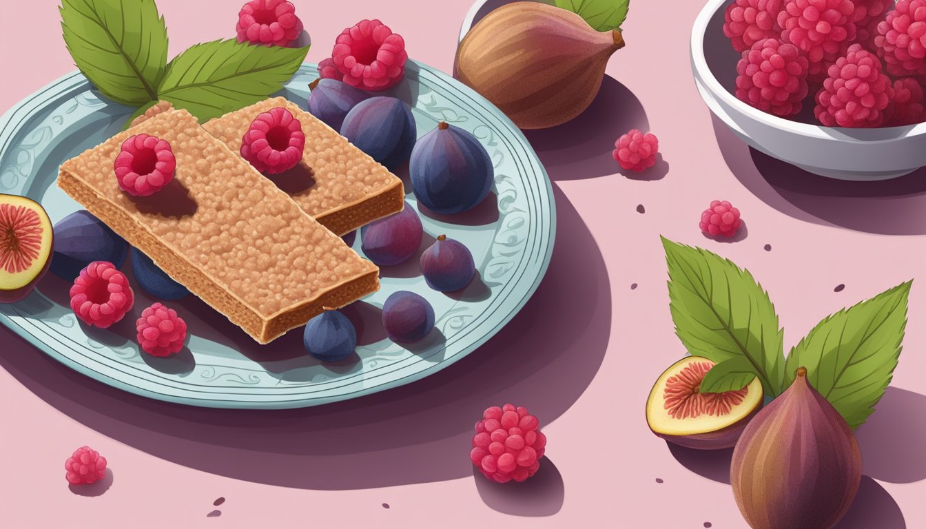 A table with a plate holding a Nature's Bakery Fig Bar Whole Wheat Raspberry, surrounded by scattered raspberries and figs