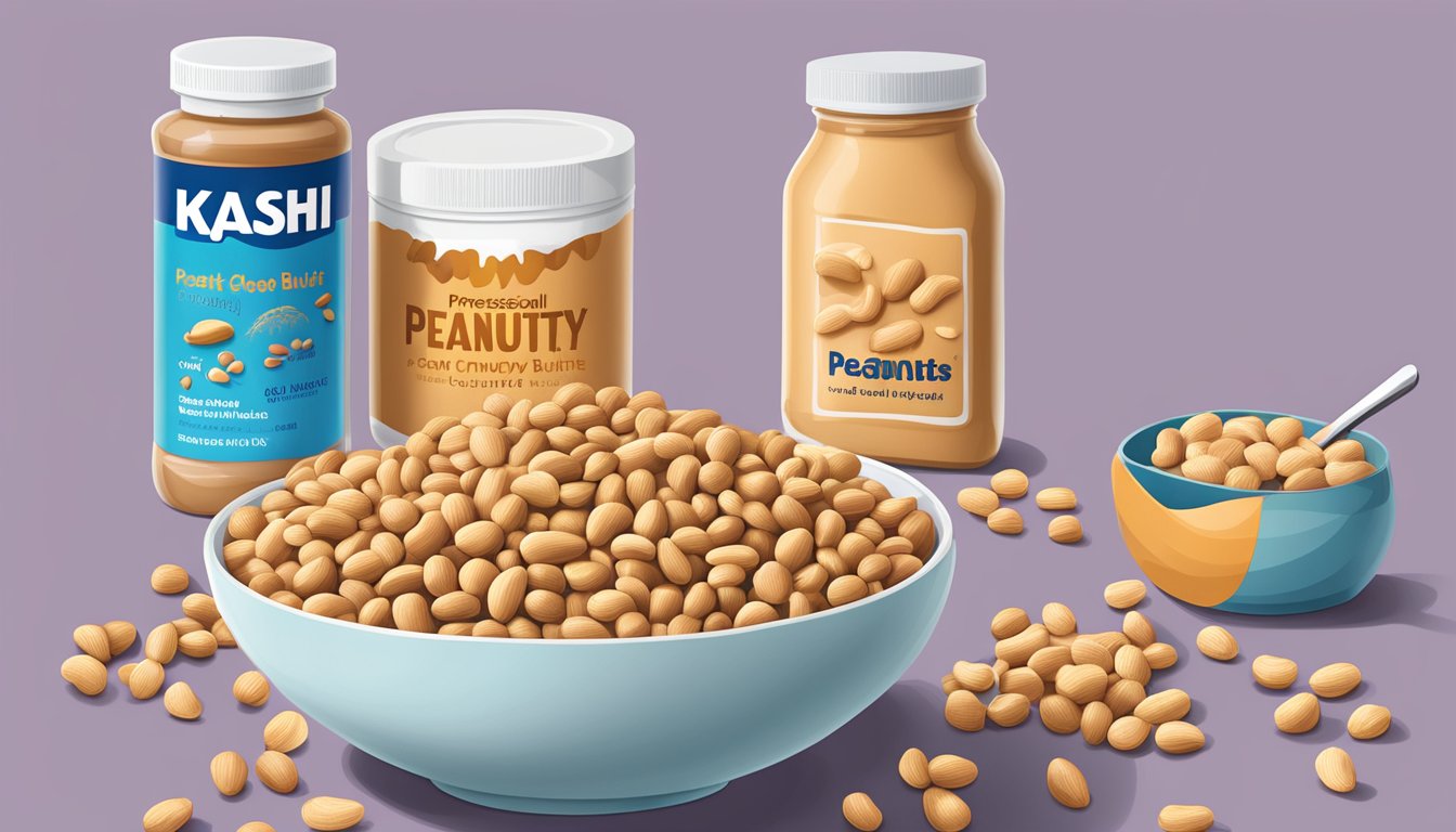 A bowl of Kashi GO Crunchy Peanuts & Peanut Butter cereal surrounded by scattered peanuts and a jar of peanut butter