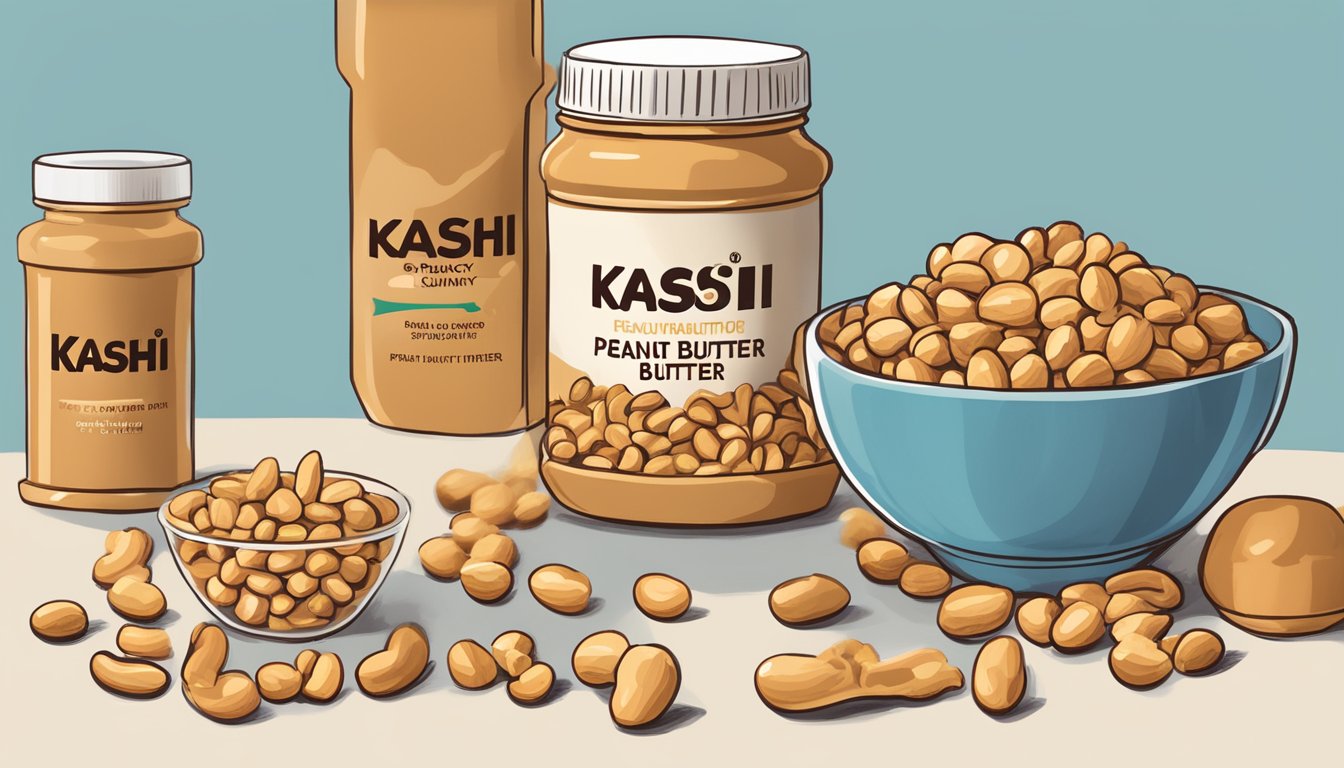 A bowl of Kashi GO Crunchy Peanuts & Peanut Butter cereal surrounded by peanuts and a jar of peanut butter