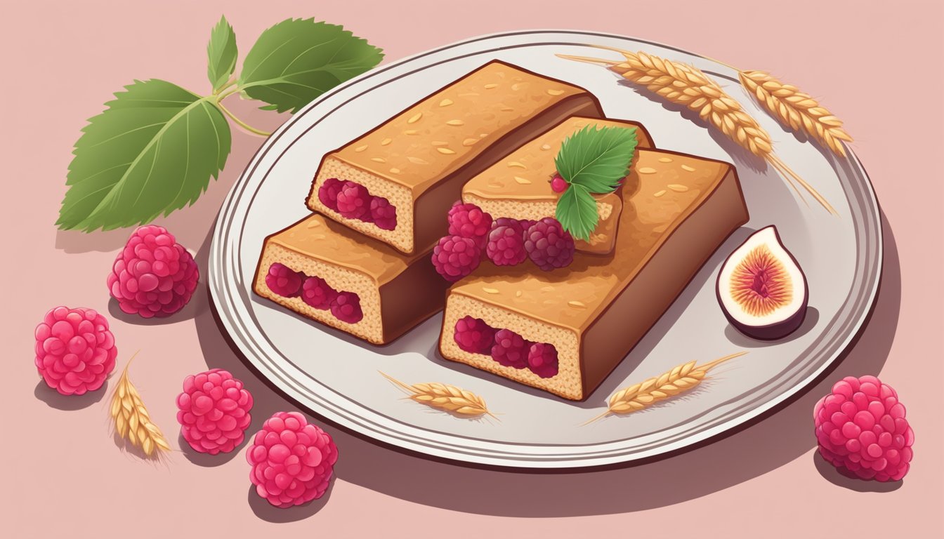 A plate with a whole wheat raspberry fig bar, surrounded by scattered raspberry fruits and a sprig of wheat