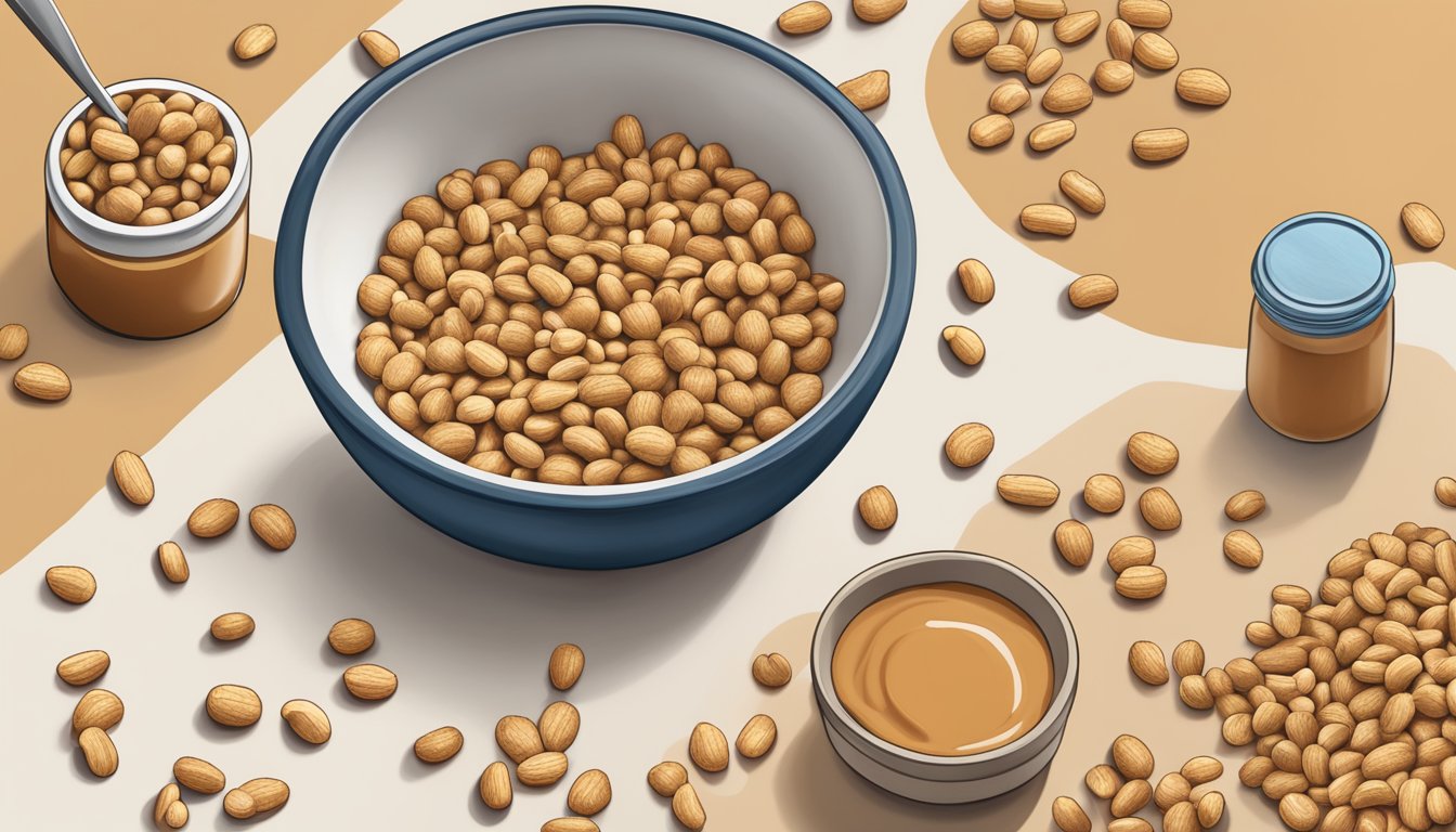 A bowl of Kashi GO Crunchy Peanuts & Peanut Butter cereal surrounded by scattered peanuts and a jar of peanut butter