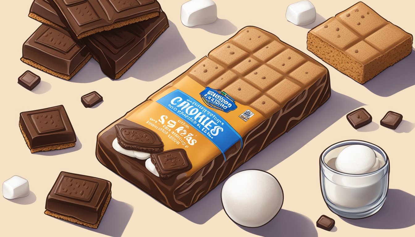 A S'mores protein bar surrounded by ingredients like graham crackers, marshmallows, and chocolate, with a focus on the bar's nutritional label