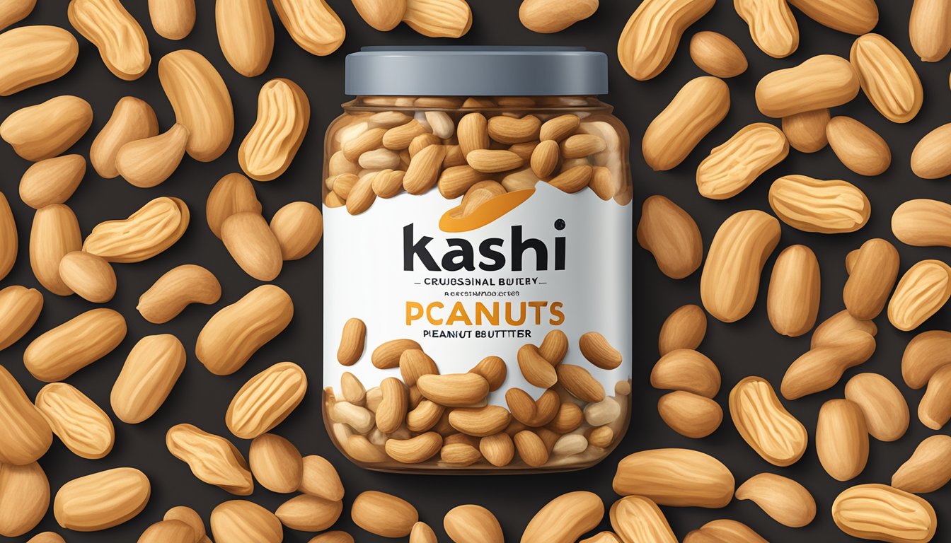 A jar of Kashi GO Crunchy Peanuts & Peanut Butter surrounded by scattered peanuts and peanut shells