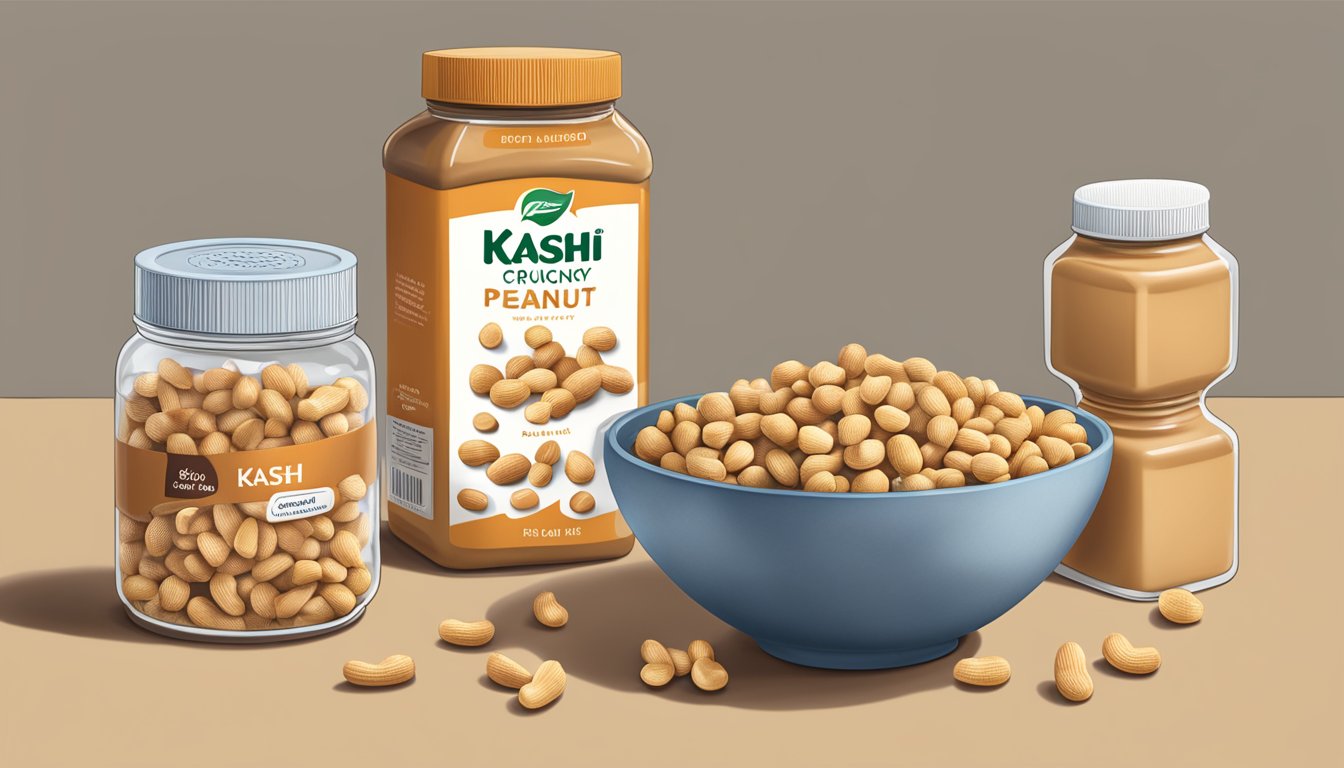 A bowl of Kashi GO Crunchy Peanuts & Peanut Butter cereal surrounded by scattered peanuts and a jar of peanut butter