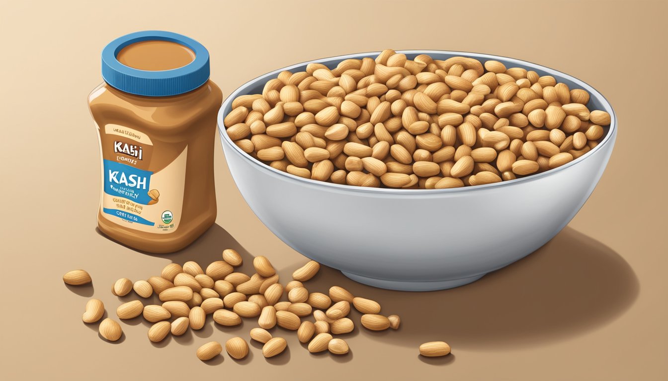 A bowl of Kashi GO Crunchy Peanuts & Peanut Butter cereal surrounded by scattered peanuts and a jar of peanut butter