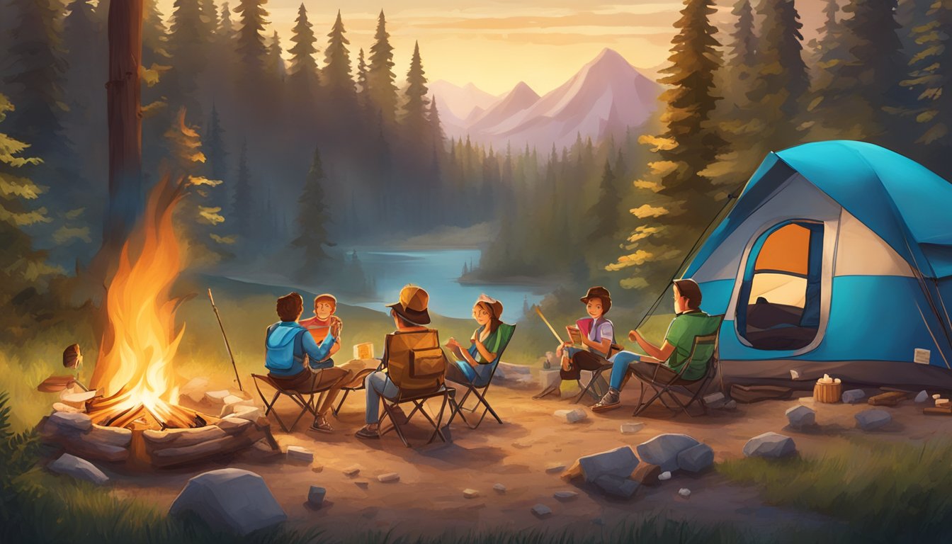 A vibrant, outdoor camping scene with a roaring campfire surrounded by marshmallows, graham crackers, and chocolate, with a ThinkThin Lean Protein & Fiber Bar S'mores placed prominently in the center