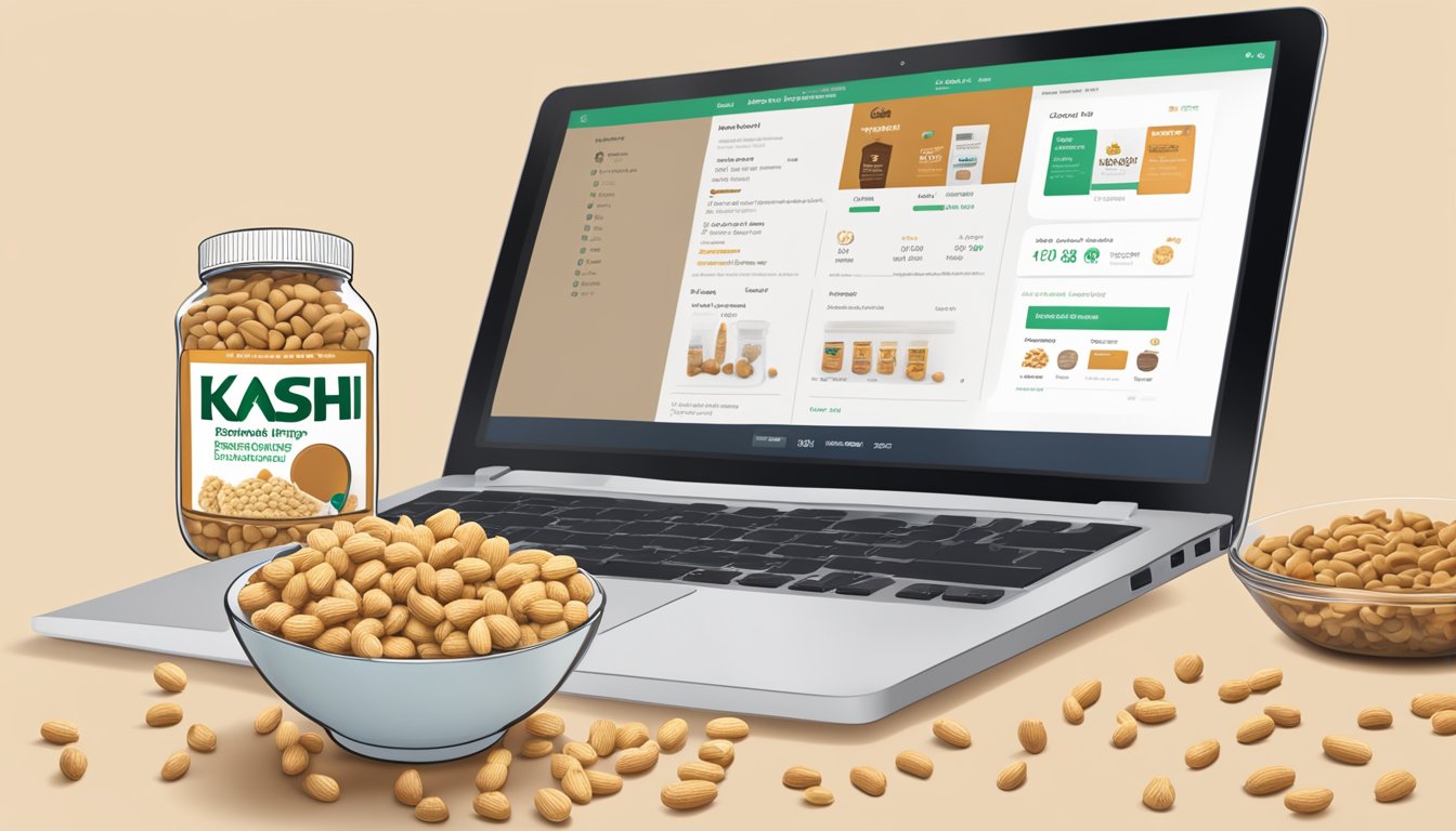 A bowl of Kashi GO Crunchy Peanuts & Peanut Butter cereal surrounded by scattered peanuts and a jar of peanut butter, with a laptop displaying website usage information on the screen