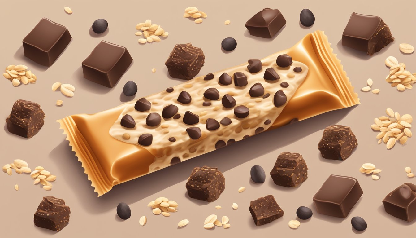 A close-up of a Made Good Granola Bar Chocolate Chip with scattered chocolate chips and oats, surrounded by a few loose ingredients