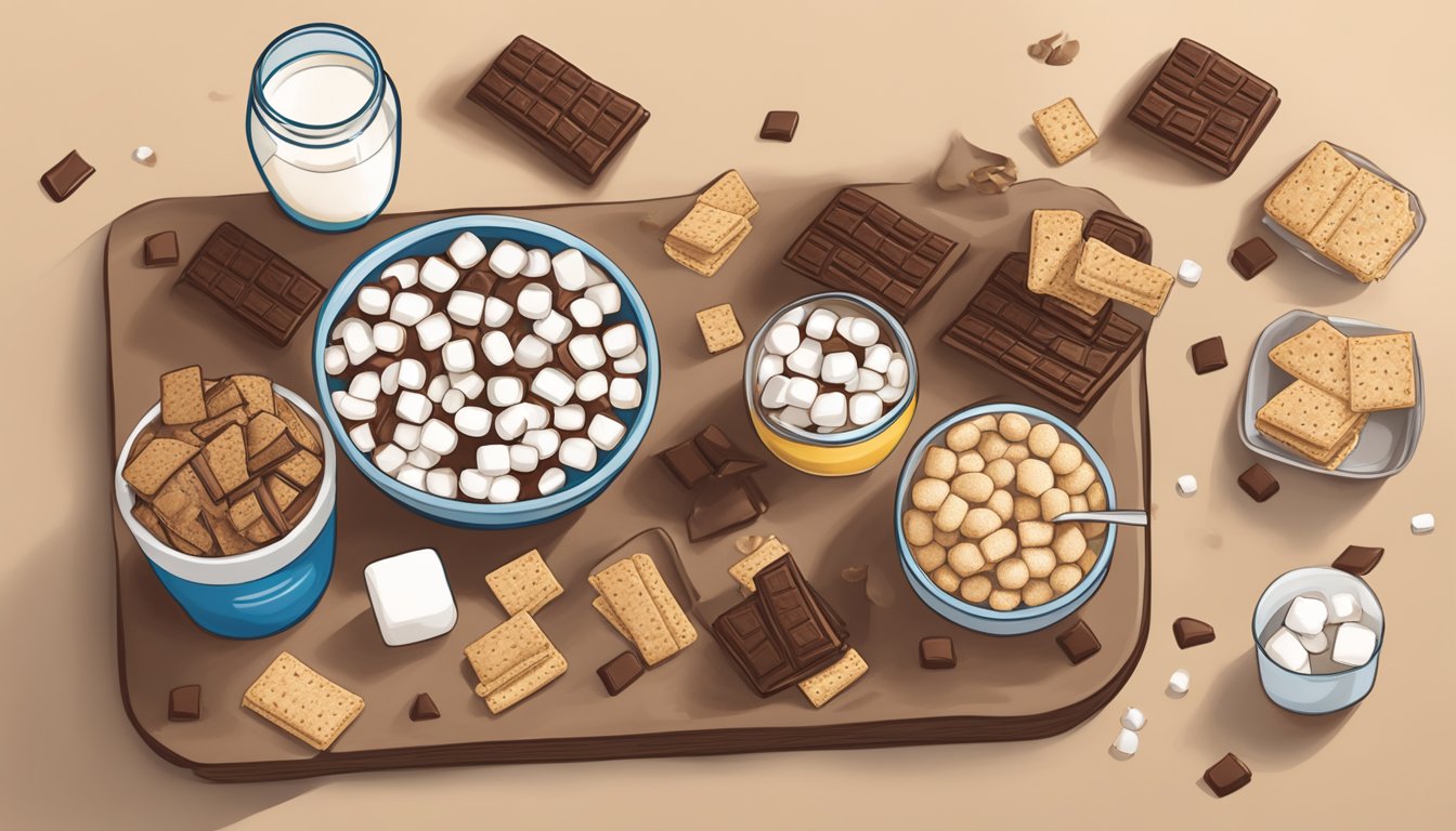 A table with a opened ThinkThin Lean Protein & Fiber Bar S'mores, surrounded by scattered ingredients like marshmallows, chocolate, and graham crackers