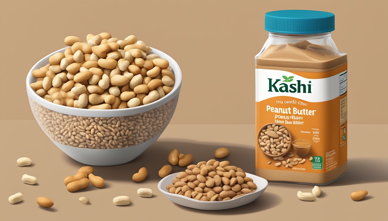 A bowl of Kashi GO Crunchy Peanuts & Peanut Butter cereal surrounded by scattered peanuts and a jar of peanut butter, with the nutritional facts displayed nearby