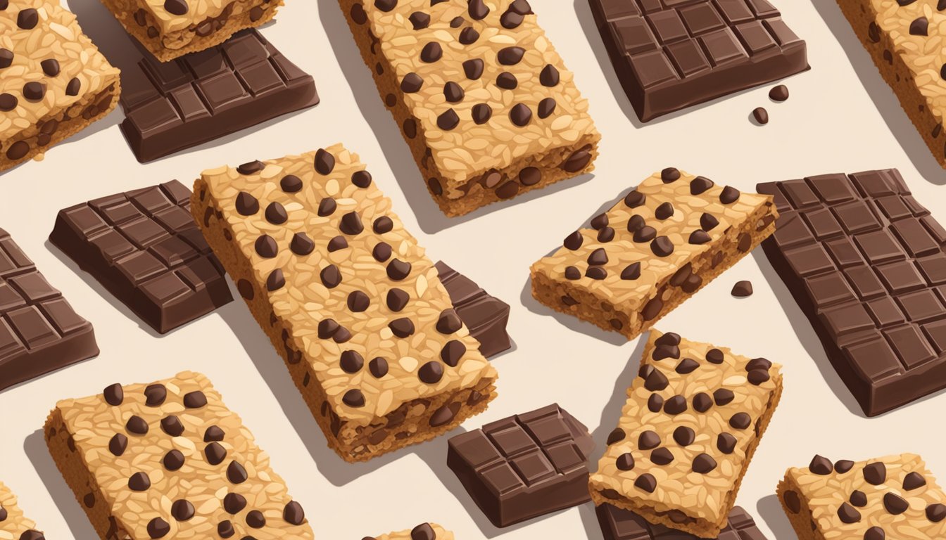 A stack of chocolate chip granola bars surrounded by scattered oats and chocolate chips