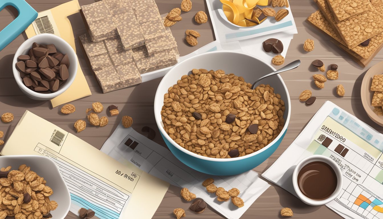 A table with a pile of granola bars and a bowl of chocolate chips, surrounded by nutritional fact labels and health-related imagery