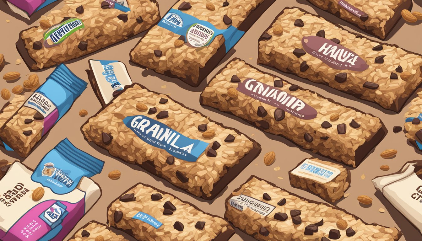 A pile of Good Granola Bars Chocolate Chip surrounded by scattered nutritional facts