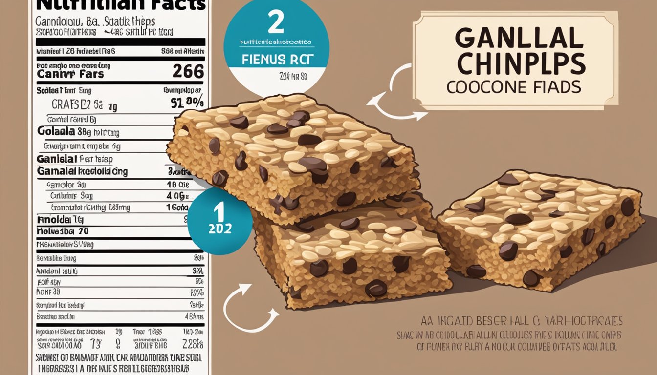 A stack of granola bars and a pile of chocolate chips sit next to a nutritional facts label