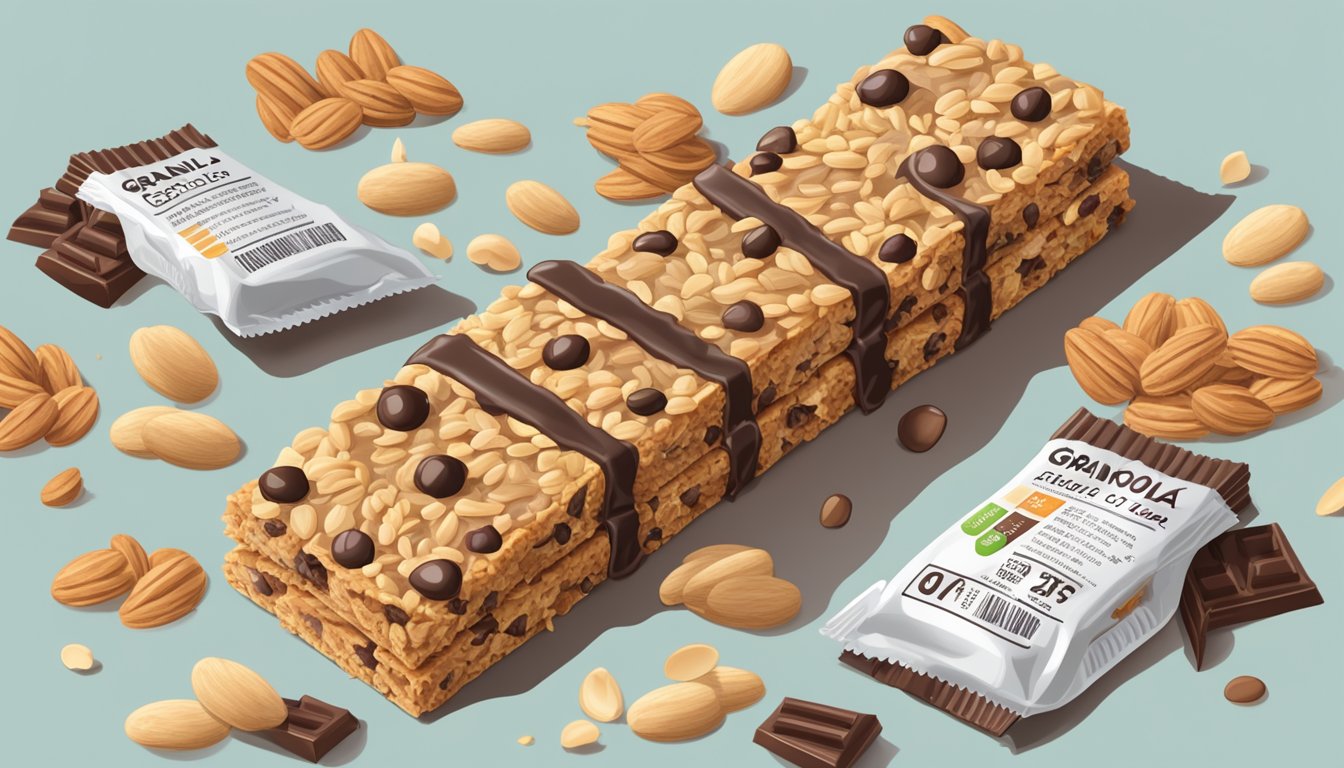 A close-up of a stack of Granola Bars with Chocolate Chips, surrounded by scattered nutritional facts and portion guidance information