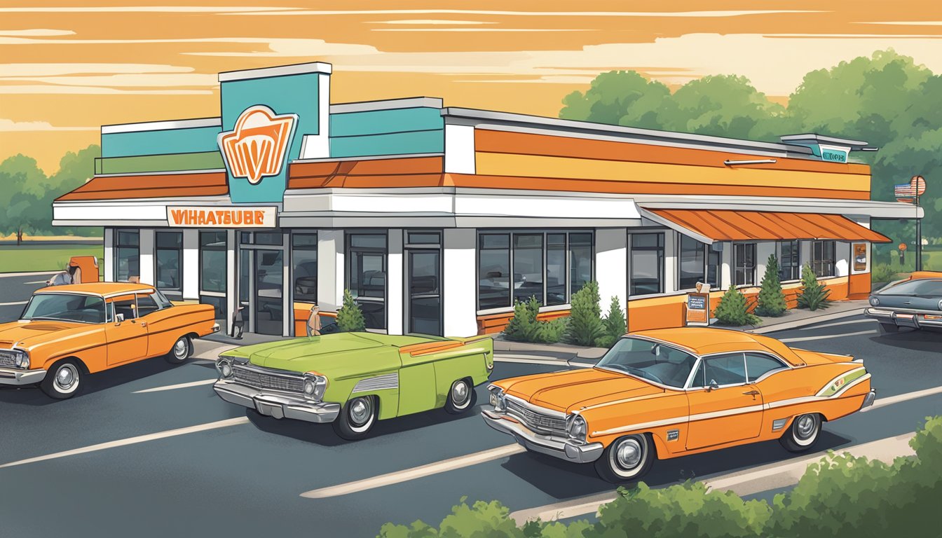 A bustling Whataburger restaurant with a colorful, retro-inspired exterior and a drive-thru line of cars