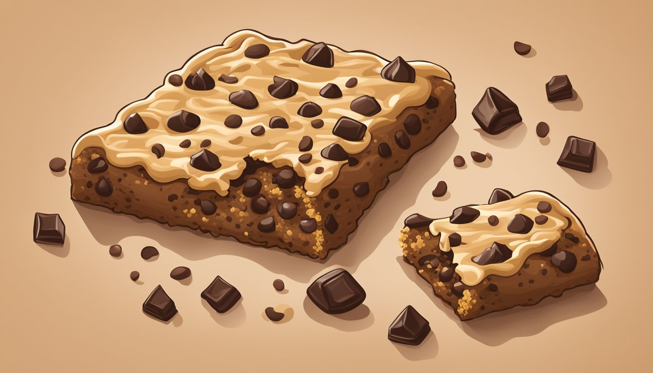 A Larabar Chocolate Chip Cookie Dough bar surrounded by scattered chocolate chips and cookie crumbs on a wooden surface