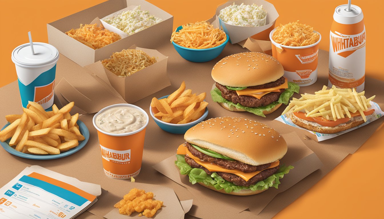 A spread of Whataburger menu items with corresponding nutritional information displayed next to each item