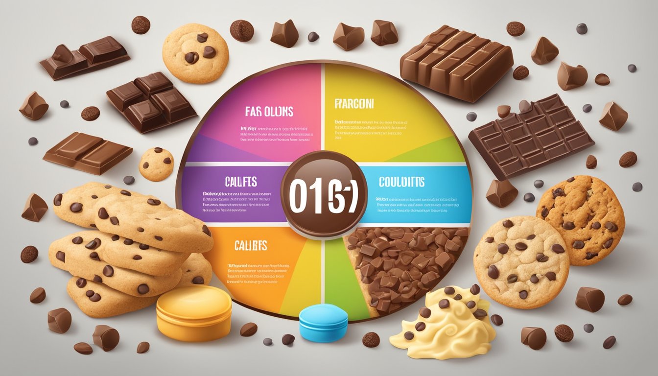 A colorful chart with sections for calories, fat, protein, fiber, and other nutrients, surrounded by images of chocolate chips and cookie dough