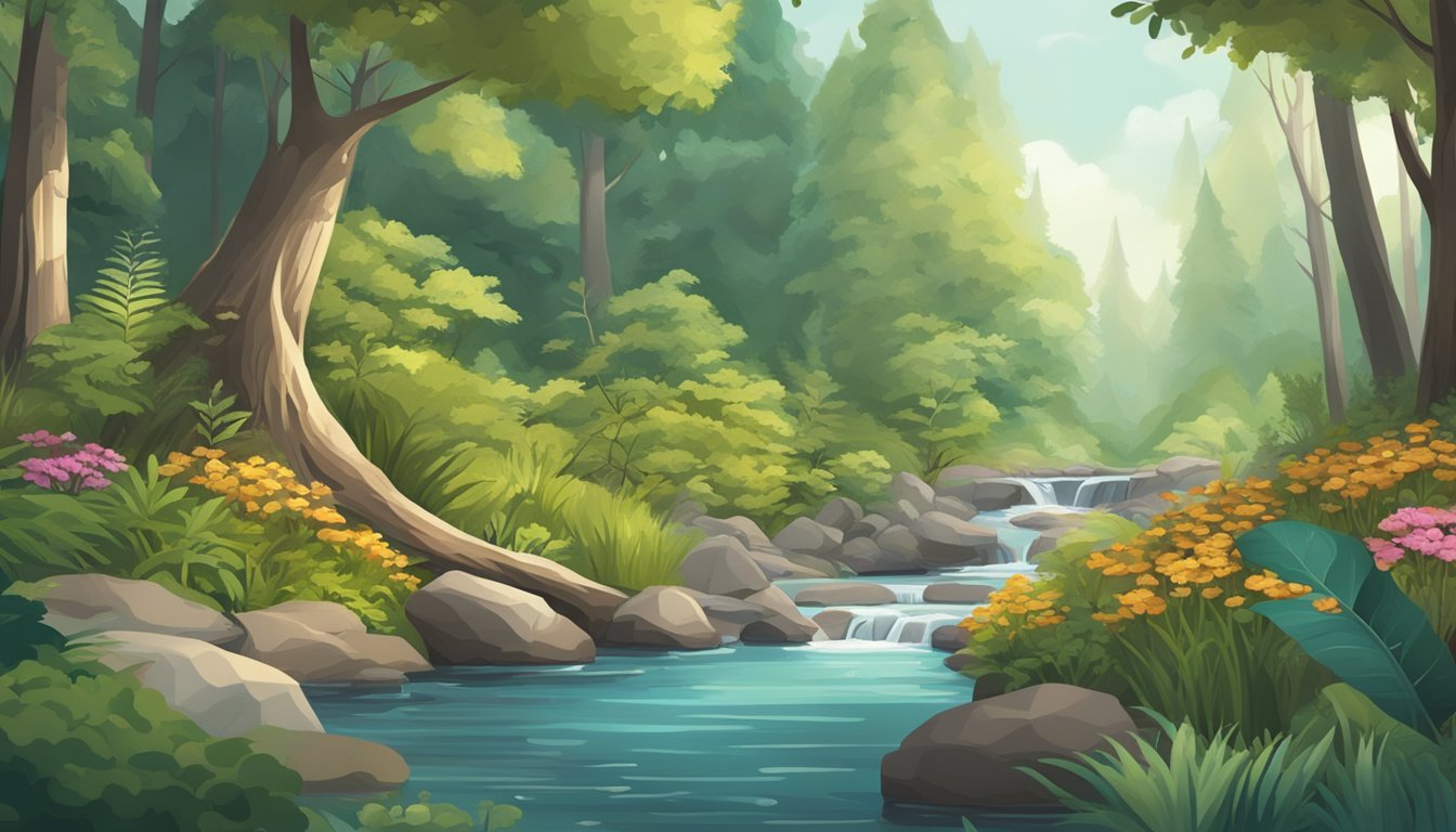 A lush forest with a flowing river, surrounded by diverse plant life and wildlife, with a clear focus on a package of Good Granola Bars Chocolate Chip