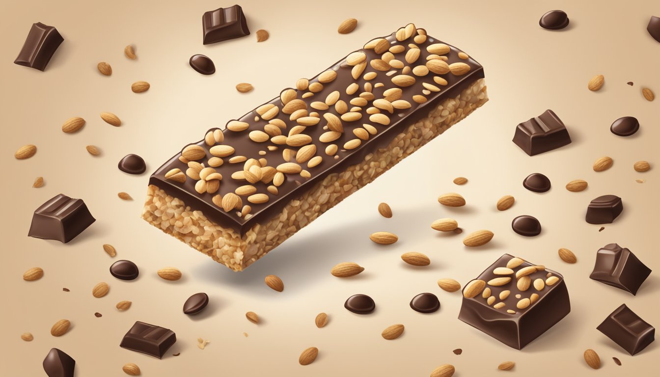 A granola bar wrapper surrounded by scattered chocolate chips and oats