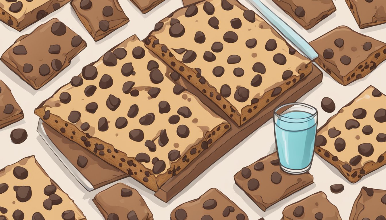 A Larabar Chocolate Chip Cookie Dough bar surrounded by scattered chocolate chips and a glass of milk