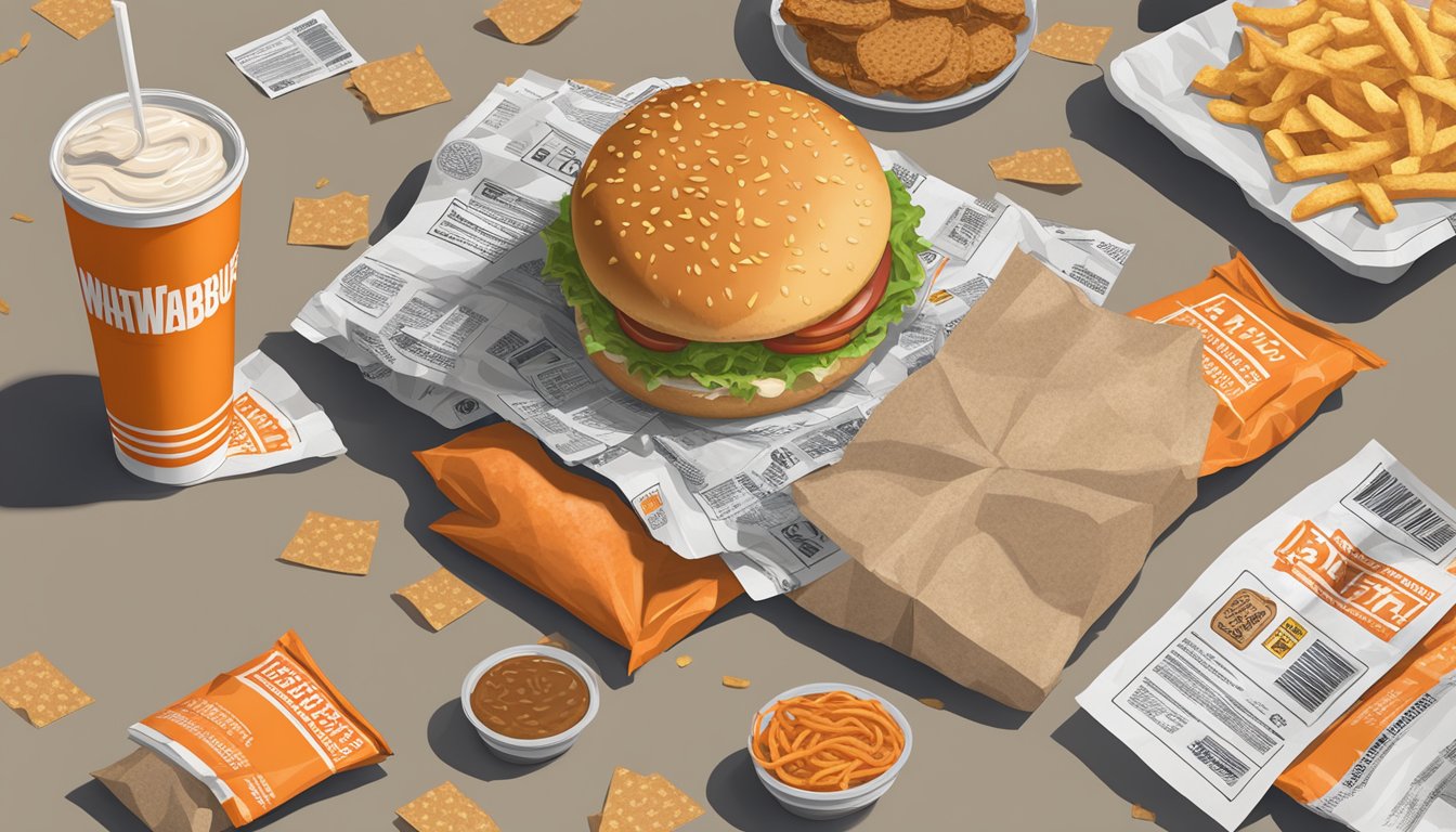 A greasy Whataburger meal next to a pile of discarded fast food wrappers, with a warning label and a list of health risks looming in the background