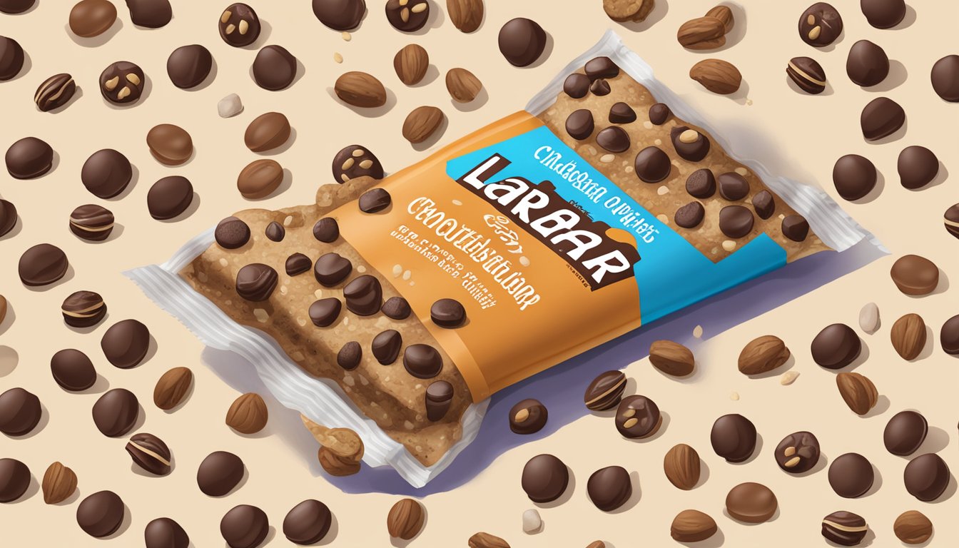 A Larabar Chocolate Chip Cookie Dough bar surrounded by scattered chocolate chips and nuts