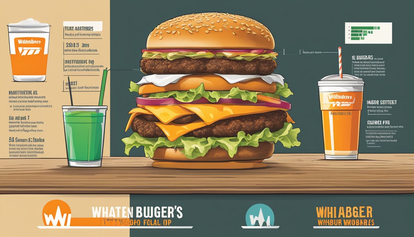 A table with greasy burgers, fries, and sodas from various fast-food chains, with a nutrition chart showing Whataburger's higher calorie and fat content