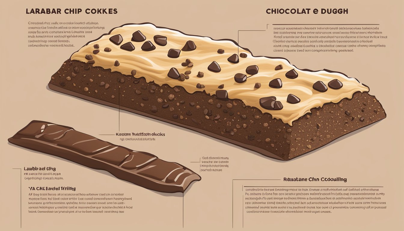 A Larabar Chocolate Chip Cookie Dough bar surrounded by scattered chocolate chips and a list of nutritional facts