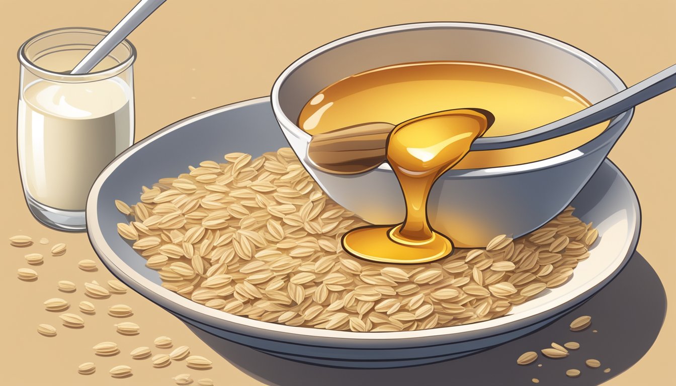 A bowl of oats and honey sits next to a glass of milk, surrounded by scattered oats and a honey dipper