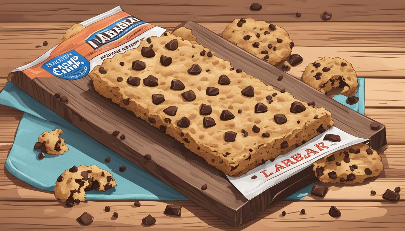 A Larabar Chocolate Chip Cookie Dough bar surrounded by scattered chocolate chips and cookie crumbs on a rustic wooden surface