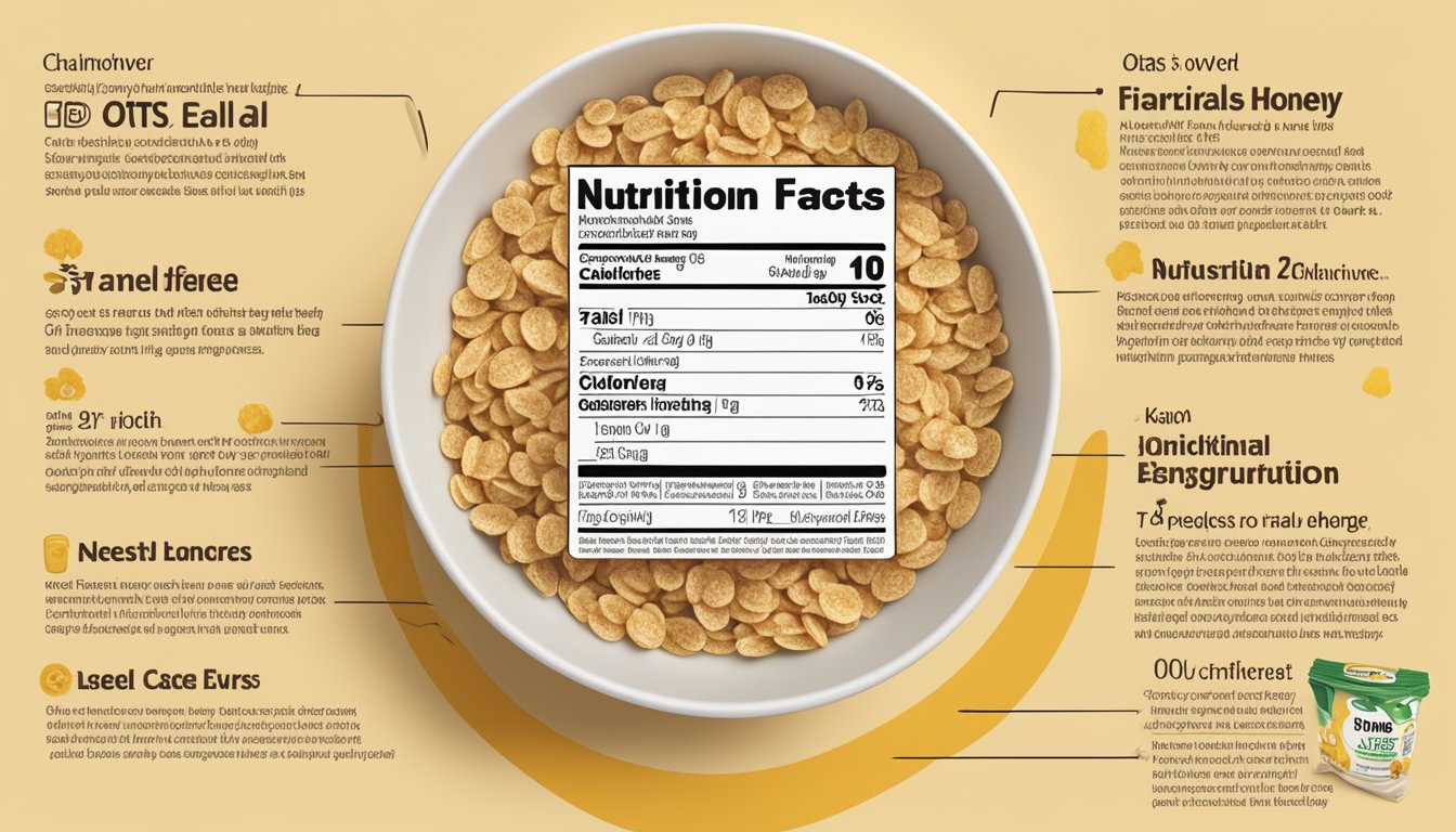 A bowl of Kind Energy Oats & Honey cereal surrounded by scattered oats and a drizzle of honey, with the nutritional information label visible