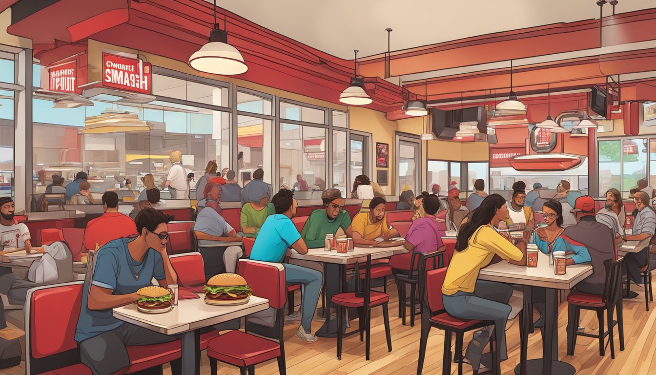 A colorful, crowded Smashburger restaurant with greasy, oversized burgers and fries on every table. Customers enjoy their unhealthy, indulgent meals